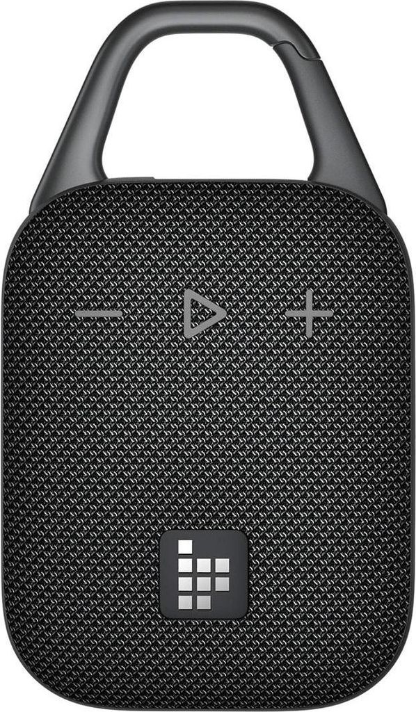 A black portable Bluetooth speaker with a carabiner clip is shown against a white background.