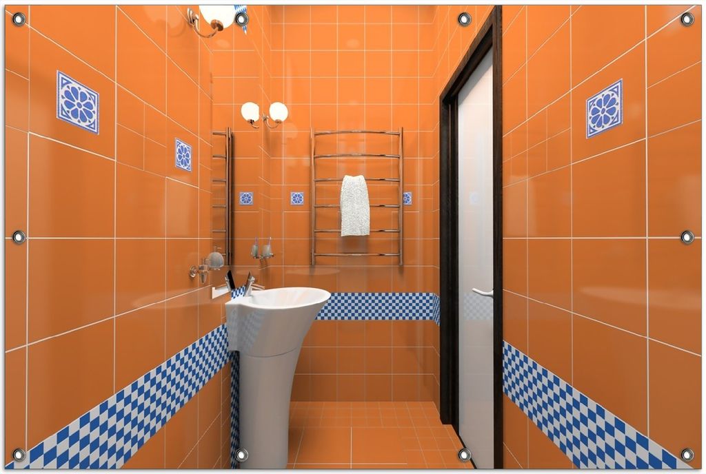 Wallario Outdoor-Poster für Garten oder Balkon, Motiv Modernes Badezimmer in orange mit blauen Fliesen, in ca. 100 x 150 cm
