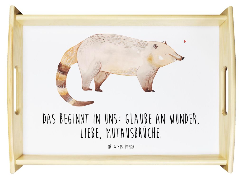 Mr. & Mrs. Panda Serviertablett Nasenbär - Weiß - Geschenk, Sofa Tablett, Deko, frühstückstablett holz, Rüsselbär, Bär, Nasenbären, Lustige...