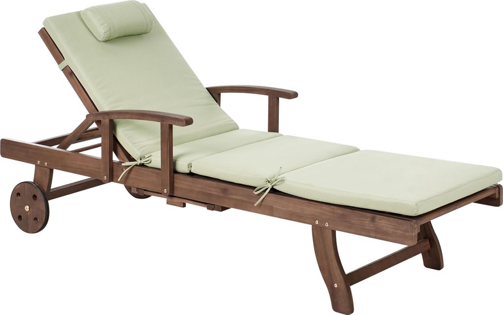 BELIANI Gartenliege Dunkelbraun u. Grün Akazienholz Verstellbar Rollbar Sonnenliege mit Tisch und Auflage Terrasse Garten Balkon Modernes Design