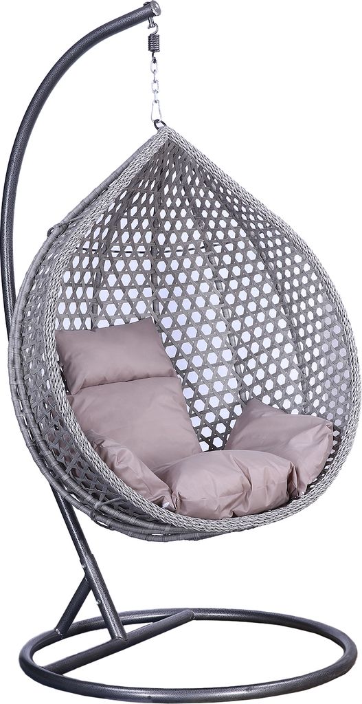 A hanging egg chair with cushions, isolated on a white background.