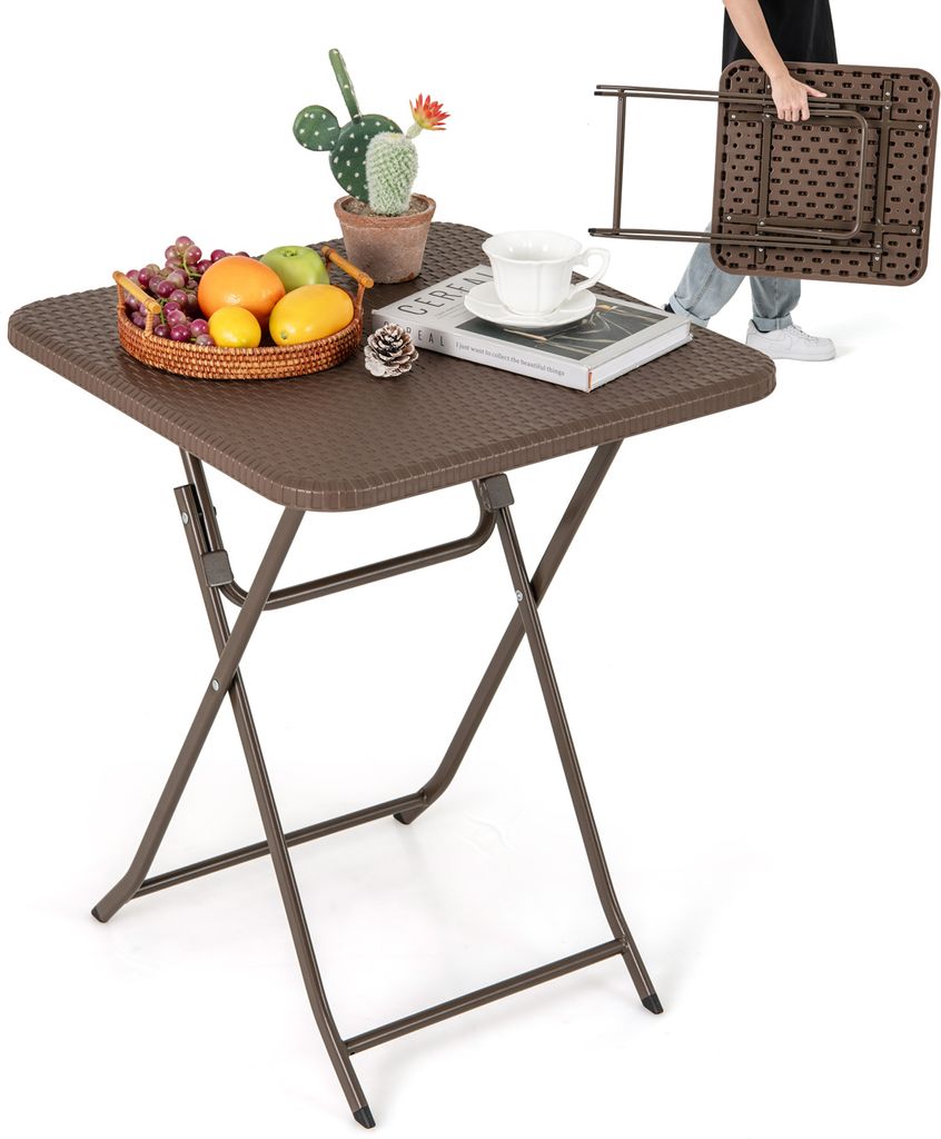 COSTWAY Gartentisch in Rattan-Optik, Klapptisch, Kleiner Esstisch 60x60x72cm, klappbarer Balkontisch mit HDPE-Tischplatte, quadratischer Campingtisch