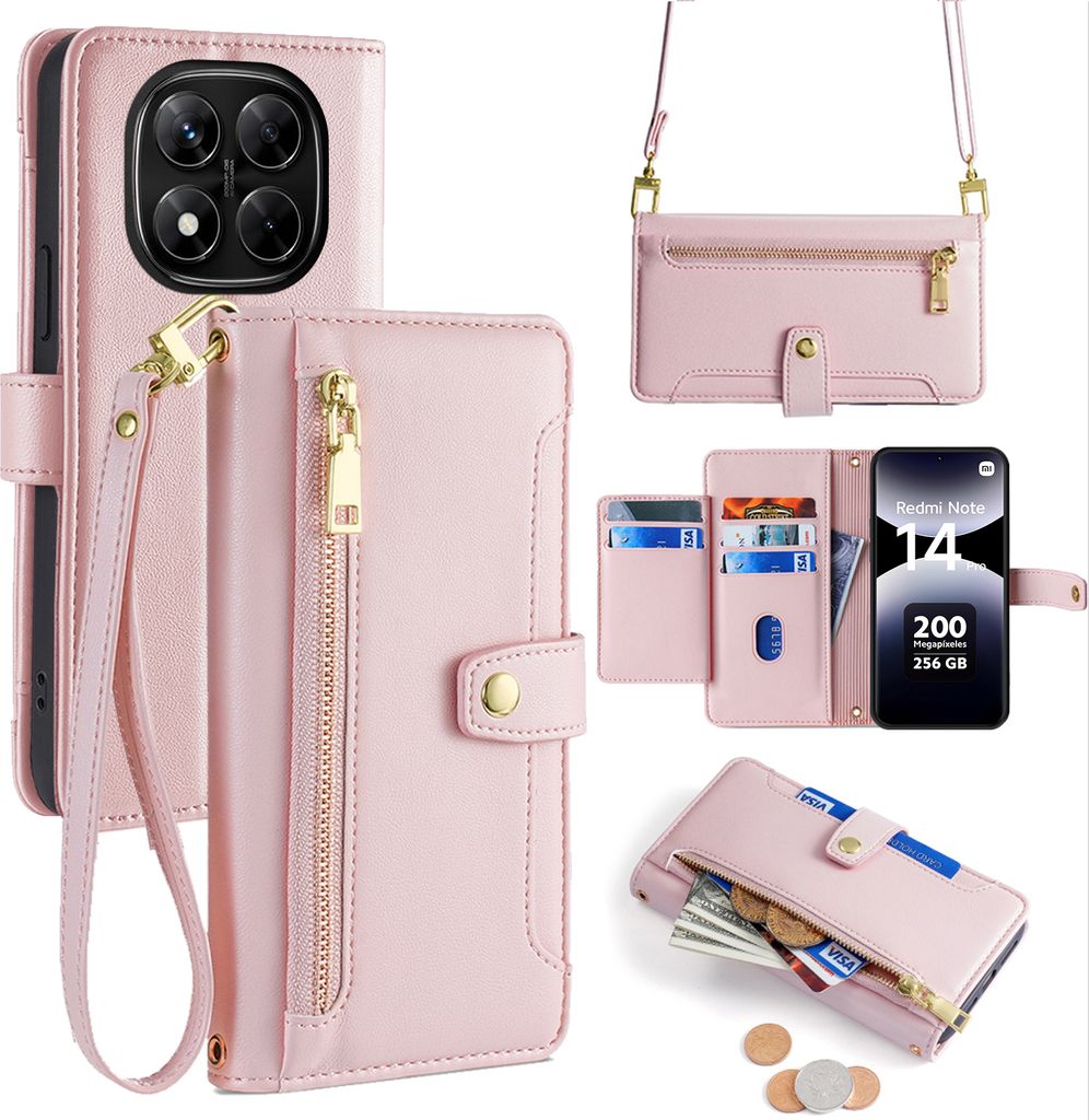 Handykette Xiaomi Redmi Note 14 Pro 4G Hülle mit Band Handyhülle Kartenfächer Kunstleder Umhängetasche in Rosa