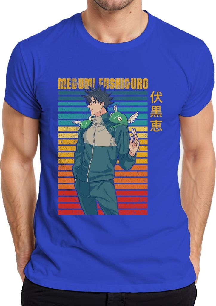Megumi Fushiguro Jujutsu Kaisen Shikigami Frosch Geschenk Vintage Herren T-Shirt, Blau, 3XL