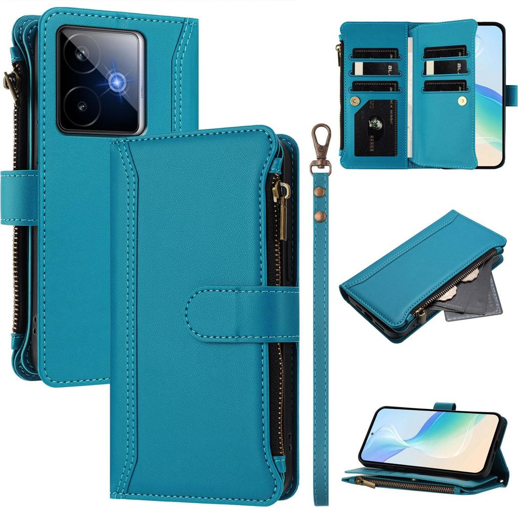 Handyhülle für Realme GT 7 Reißverschluss Geldbörse Kunstleder Klapphülle mit Kartensteckplatz, Ständer, Handschlaufe Blau