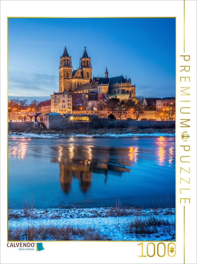 CALVENDO Puzzle Der Magdeburger Dom spiegelt sich in der Elbe | 1000 Teile Lege-Größe 64x48cm Foto-Puzzle für glückliche Stunden