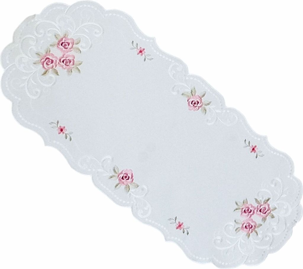 Tischdecke Tischtuch Stickerei Rosen Blüten Frühling Tischläufer Bogenrand 30 x 70 cm oval