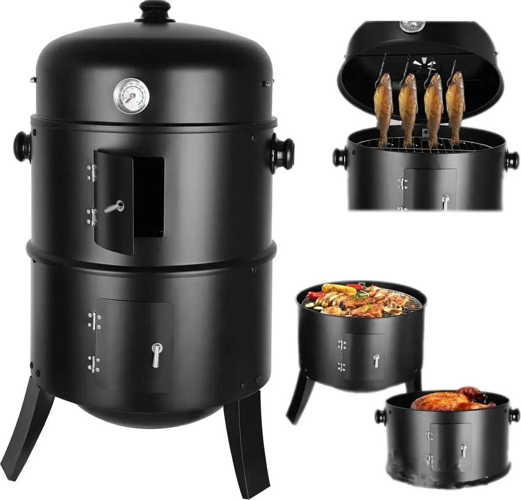 BBQ Räucherofen - 3‐in‐1 Kohle-Smoker Tonne - Wassersmoker - Deckelthermometer - 2 Edelstahlroste - 78 x 44,5 x 44,5 cm - Rot