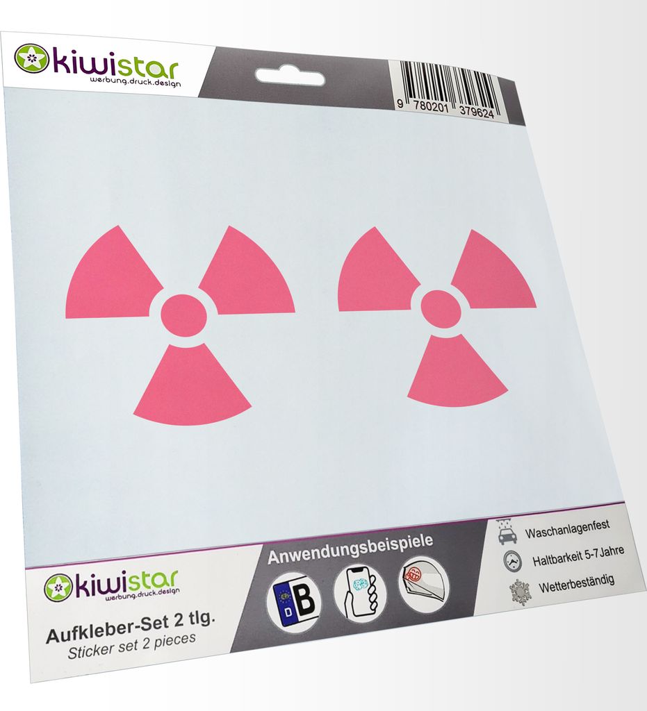 Kiwistar - 2x Kennzeichenaufkleber - hellrosa - 21 mm Radioaktiv - Strahlung - Kontamination - Autoaufkleber - Aufkleber für Auto, Laptop, Fahrrad...