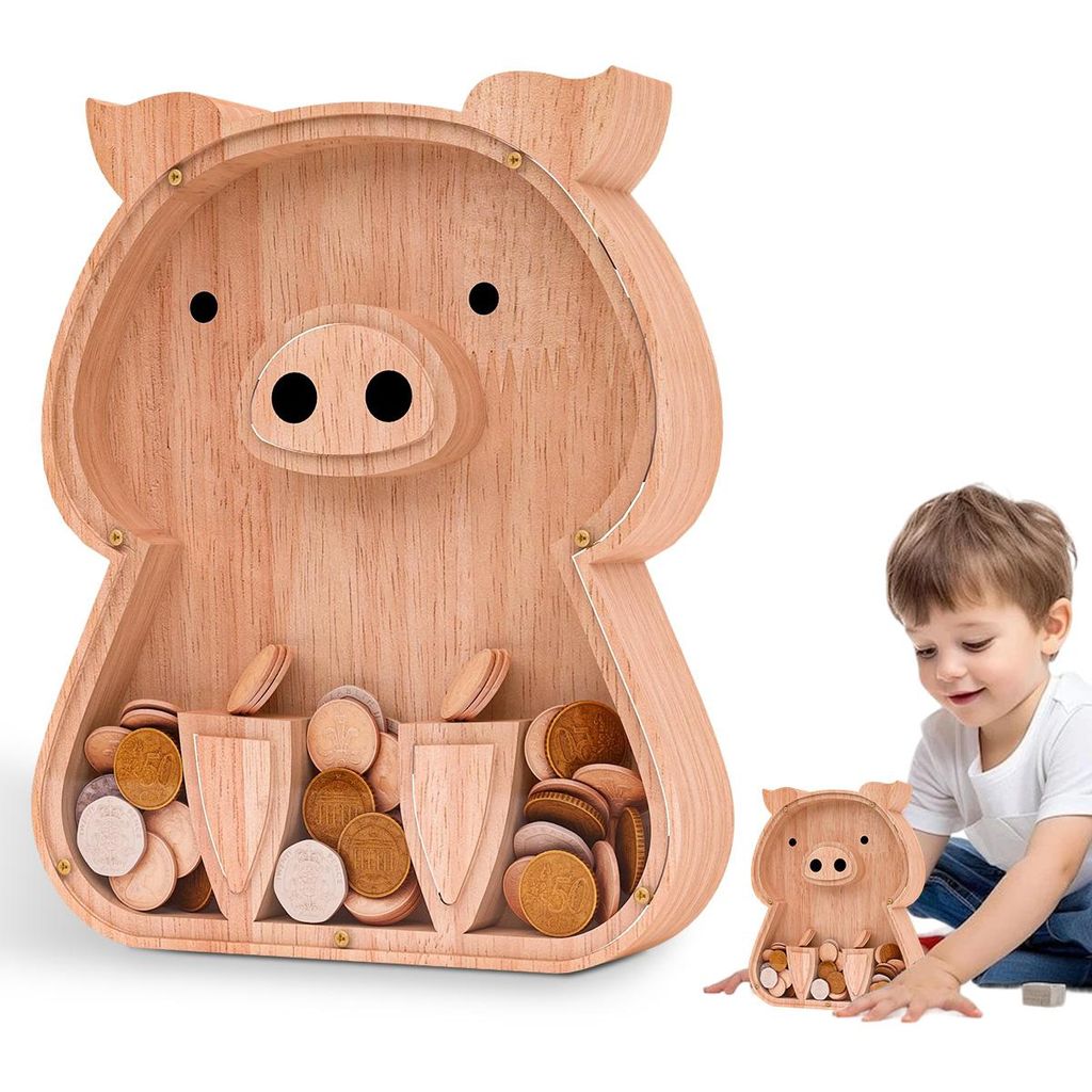 Niedliches Sparschwein aus Holz, Sparschwein in Naturholzfarbe, geeignet als Kindersparschwein für Jungen und Mädchen