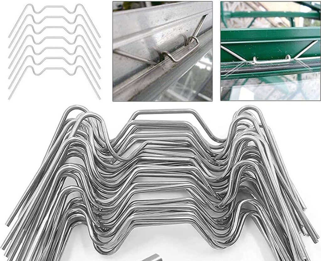 A collage of images showing greenhouse clips, including a close-up of how they attach to a greenhouse frame.