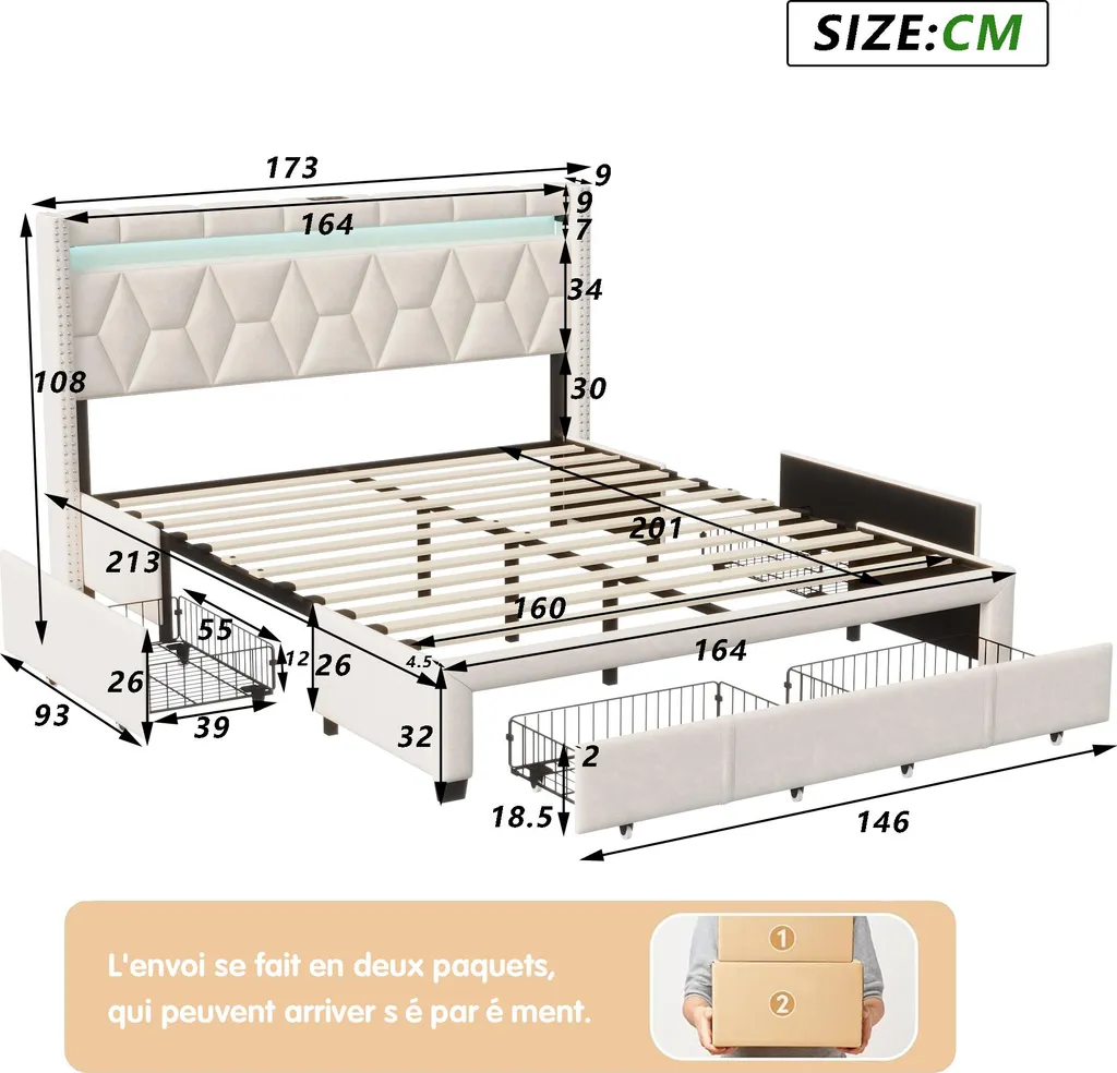 Cadre de Lit Coffre 160x200 cm Design Scandinave Beige avec Prises USB