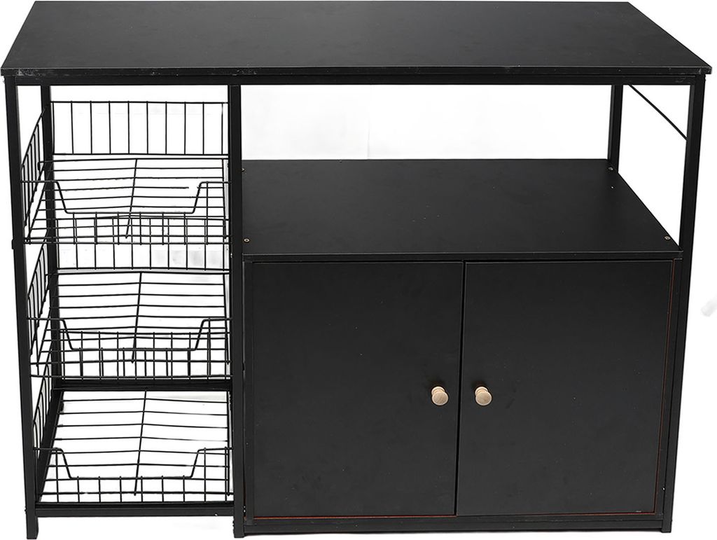 A black kitchen storage cabinet with shelves and a cupboard.