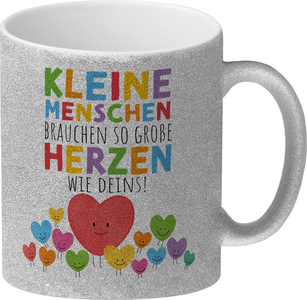 Herzen Glitzer-Kaffeebecher mit Spruch Große Herzen für kleine Menschen