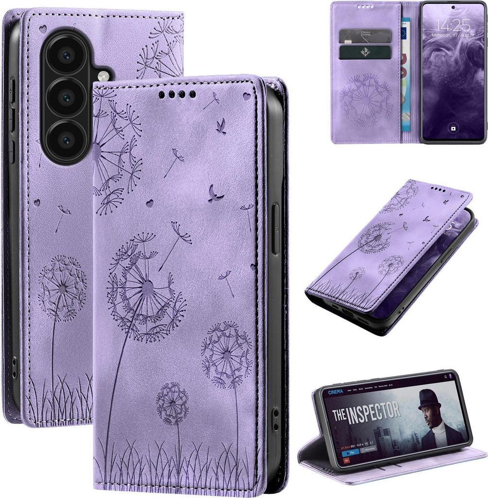Handyhülle für Samsung Galaxy A57 5G RFID Schutz Klapphülle Case Cover Design Blume Pusteblume Schutzhülle Farbe: Violett