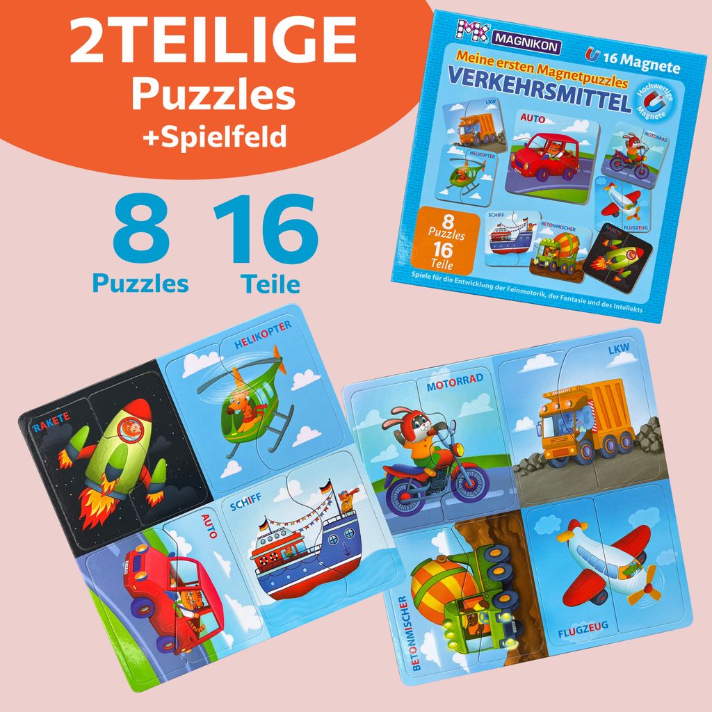 MAGNIKON UD111- Erste Große Puzzles 2 Teile Verkehrsmittel mit 16 Magneten, Kleinkinder Magnetisch Duo Kinderpuzzles, Lernspiel für Autofahrt, Ki...