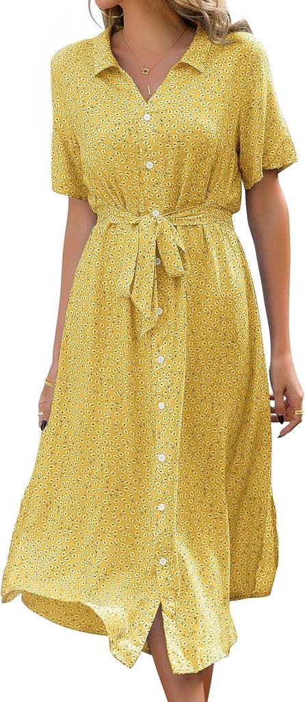 ASKSA Damen Sommerkleid Kurzarm Casual V-Ausschnitt Blumendruck Kleider Strandkleider y Schlitz Midikleid mit Guertel (Gelb,S)