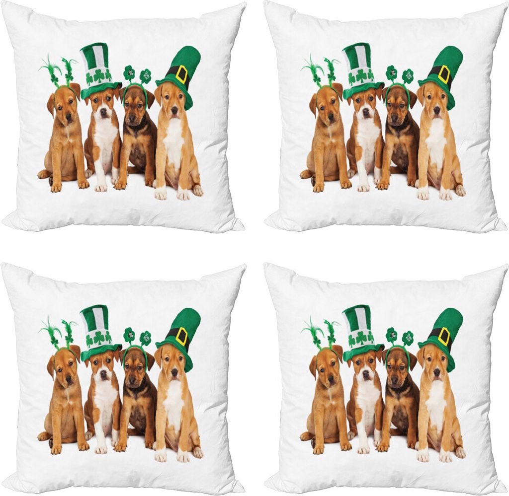 ABAKUHAUS Kleeblatt Kissenbezug Set (4 Stück), Welpe mit irischem Hut, Moderner Doppelseitiger Digitaldruck, 60 cm x 60 cm, Caramel Jade-Grün