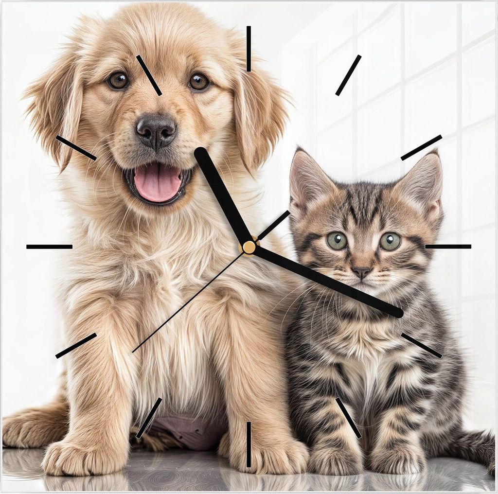 Wanduhr aus Glas mit Motiv Hund und Katze- 30 x 30 cm - inkl. Aufhängesystem