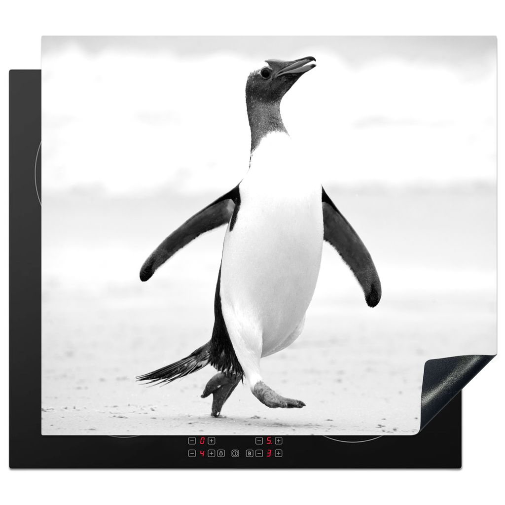 KitchenYeah Herdabdeckplatte Ein Pinguin läuft über den Strand - schwarz und weiß , 60x52cm, Küche Deko, Glaskeramikkochfeld Herdabdeckung, A...