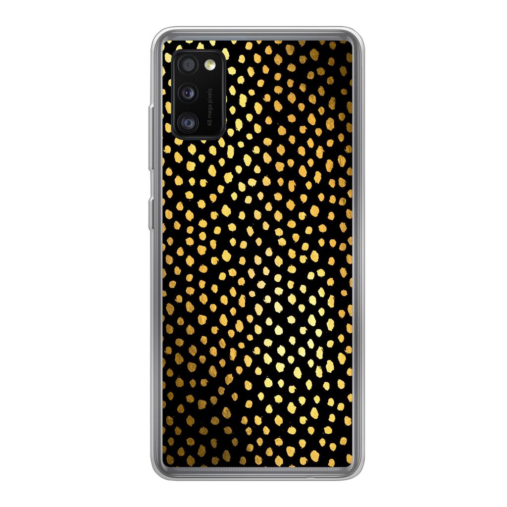 MuchoWow Handyhülle Schutzhülle Hülle für Samsung Galaxy A41 Polka dots - Gold - Schwarz Silikon Softcase Handy Hülle - Mobiltelefon