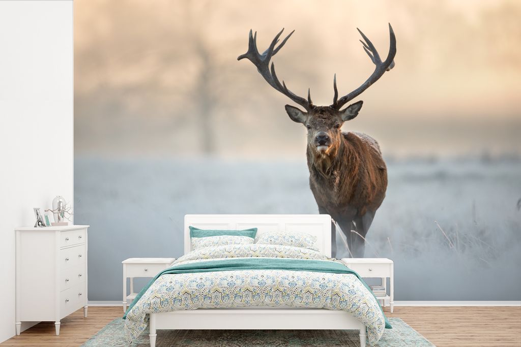 MuchoWow Fototapete für Wohnzimmer oder Schlafzimmer Wandtapete Vinyl Motivtapete Hirsche - Natur - Winter - 525x350 cm - Das Hintergrundbild