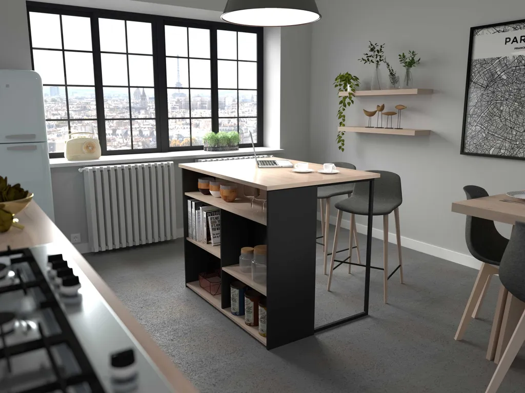 Îlot Central Brunch Chêne et Noir - L 109 cm - 5 Niches de Rangement