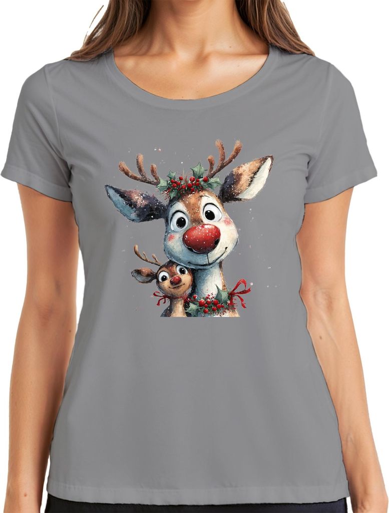 Rudolph Rentier rote Nase Weihnachten niedlich Familie Geschenk Damen T-Shirt, Grau, L