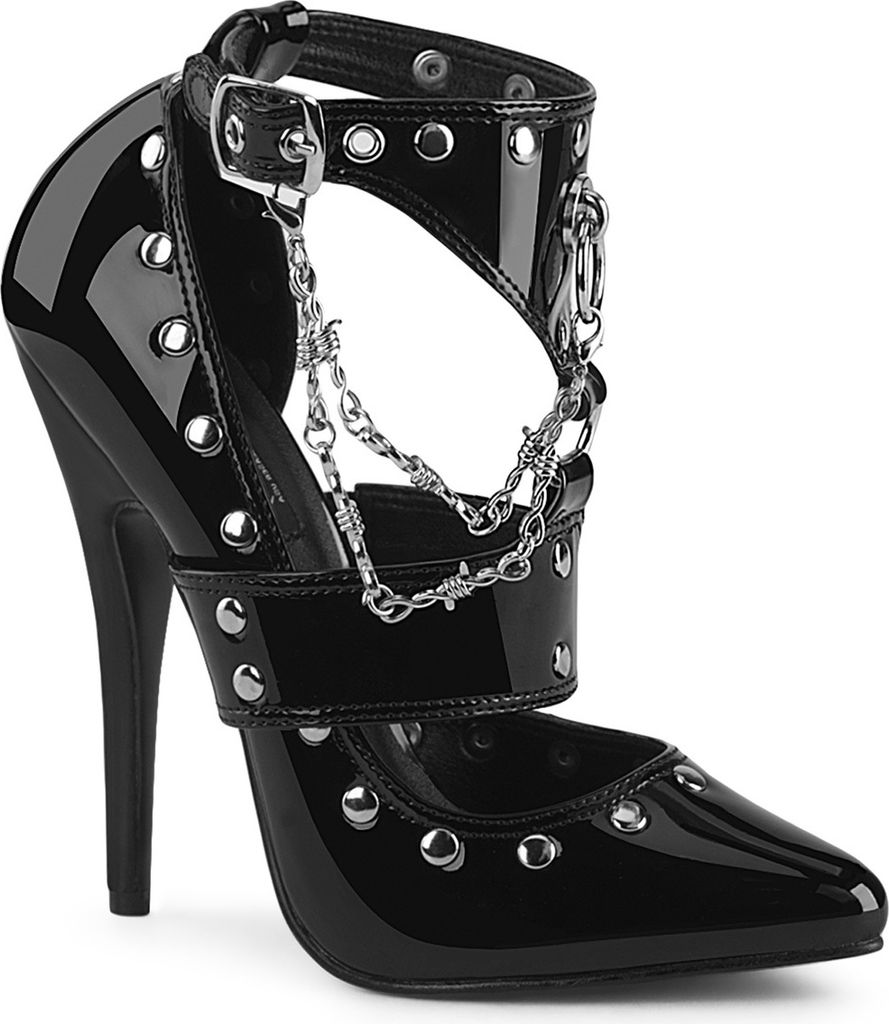 DOMINA-118 Devious vegan y Damen High Heels Stiletto Pumps Stacheldraht Hängeketten schwarz Lack