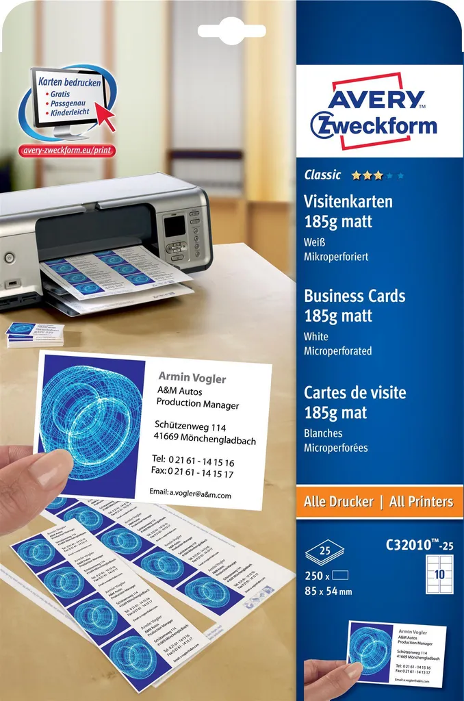 Avery Zweckform C32010 Biglietti Visita Bianco 25 Fogli A4