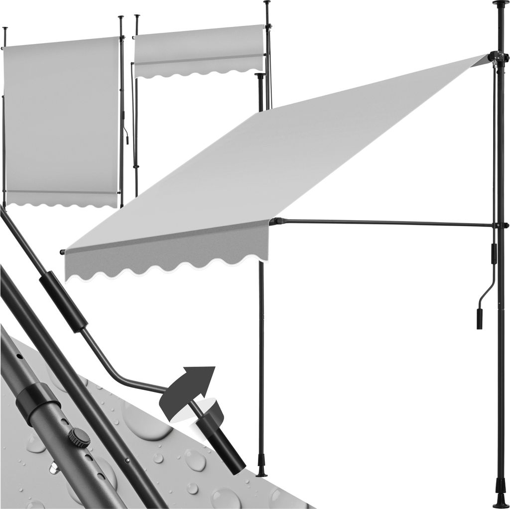A product image showing a retractable awning with a crank mechanism.