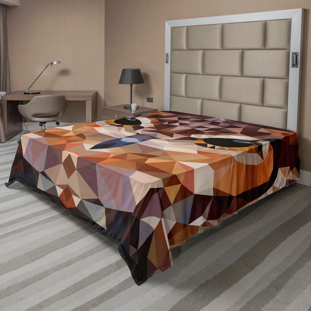 ABAKUHAUS Lenzuolo geometrico, mosaico con testa di gufo in forme triangolari collegate, stile funky, design geometrico, lenzuolo morbido e confortevole per un letto decorativo, 1 pezzo, 266 cm x 260 cm, arancione marrone - 1