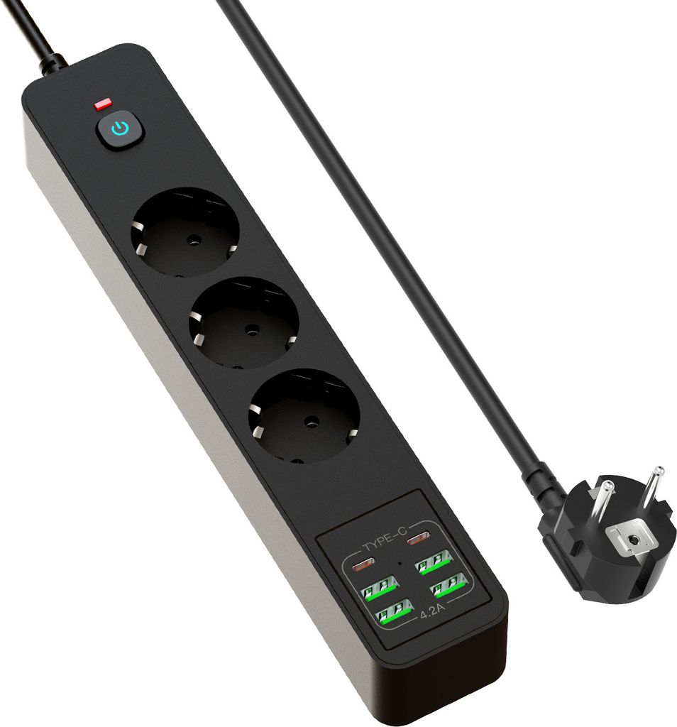 INF BKL-03 EU-Steckdosenleiste mit 6 USB-Anschlüssen Schwarz
