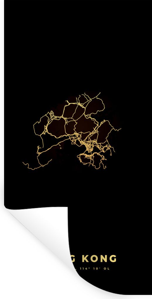 MuchoWow Wandtattoo Wandsticker Wandaufkleber Hongkong - Karte - Schwarz - Gold 80x160 cm Selbstklebend und Repositionierbar - Sticker - Dekorfolie