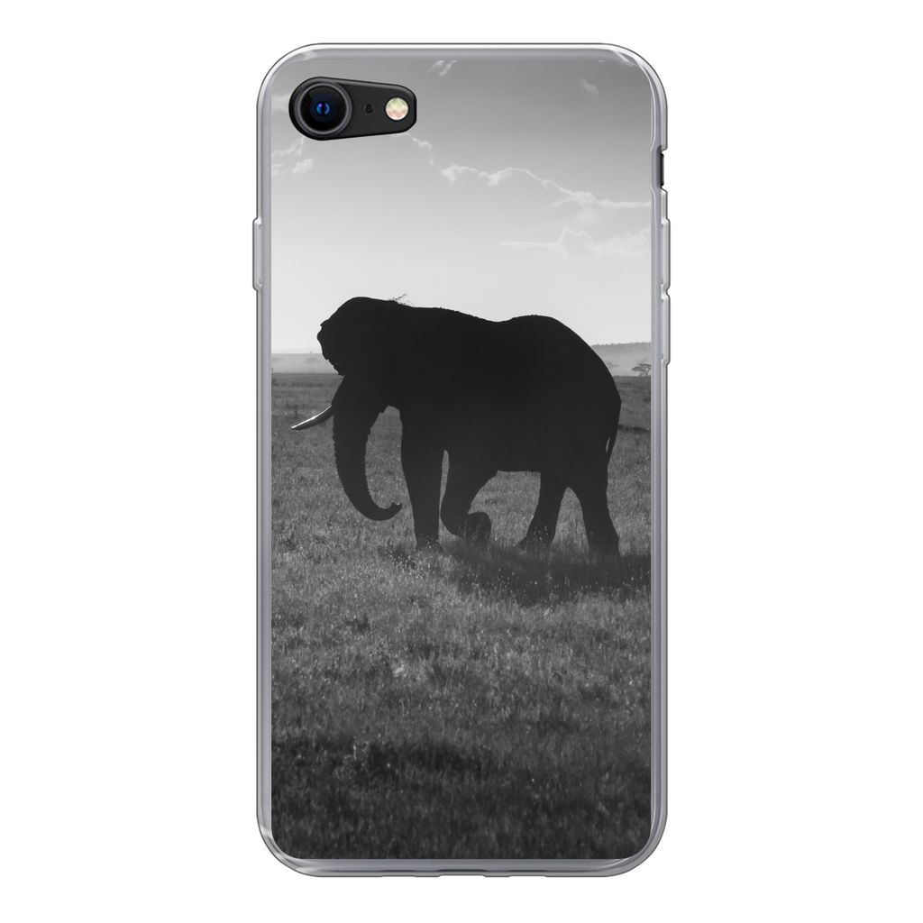MuchoWow Handyhülle Schutzhülle Hülle für iPhone 8 Elefant - Einfarbig - Tiere - Schwarz und weiß Silikon Softcase Handy Hülle - Schutzhaube