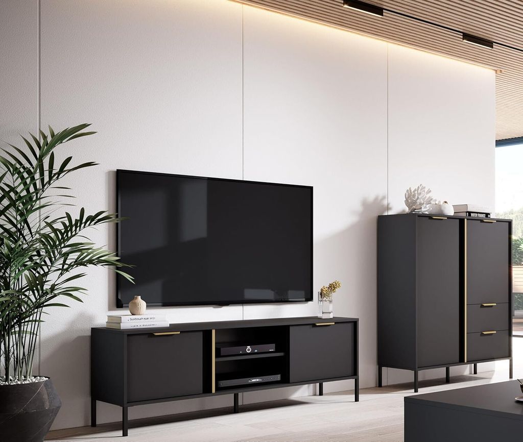 KEF Lucas Wohnzimmermöbel-Set – TV-Schrank 153,1x53,4x39,5 cm – Fernsehtisch – Hohe Kommode 103,3x123,4x39,5 cm – Moderne Möbel für Zuhause