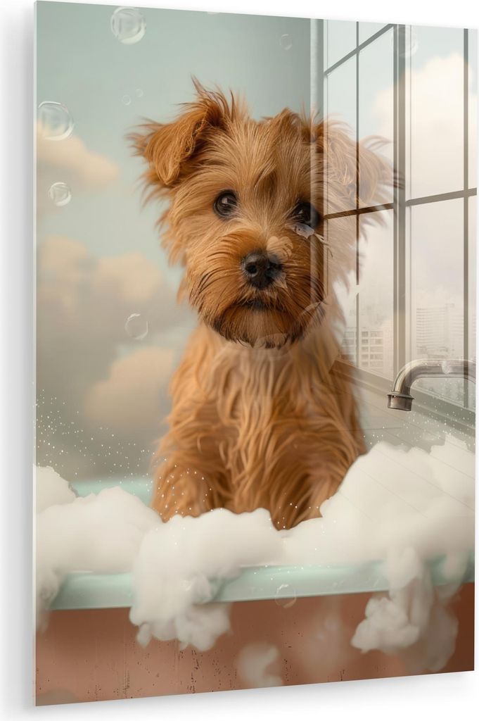 MuchoWow Glasbilder - Bilder auf Wandbild - Foto auf Glas Hund - Bad - Tiere - Schaumstoff 30x40 cm Wanddekoration aus Glas - Acrylglasbild - Acryl...