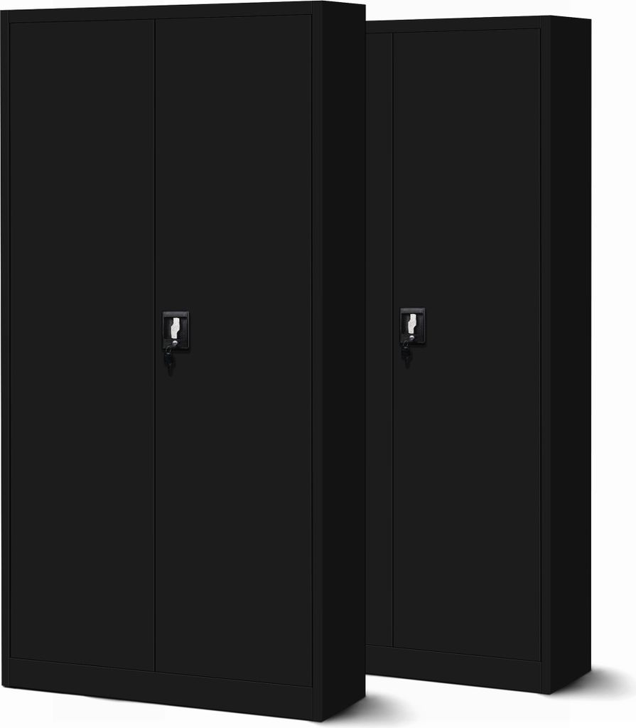 Two black metal cabinets are shown side-by-side against a white background.