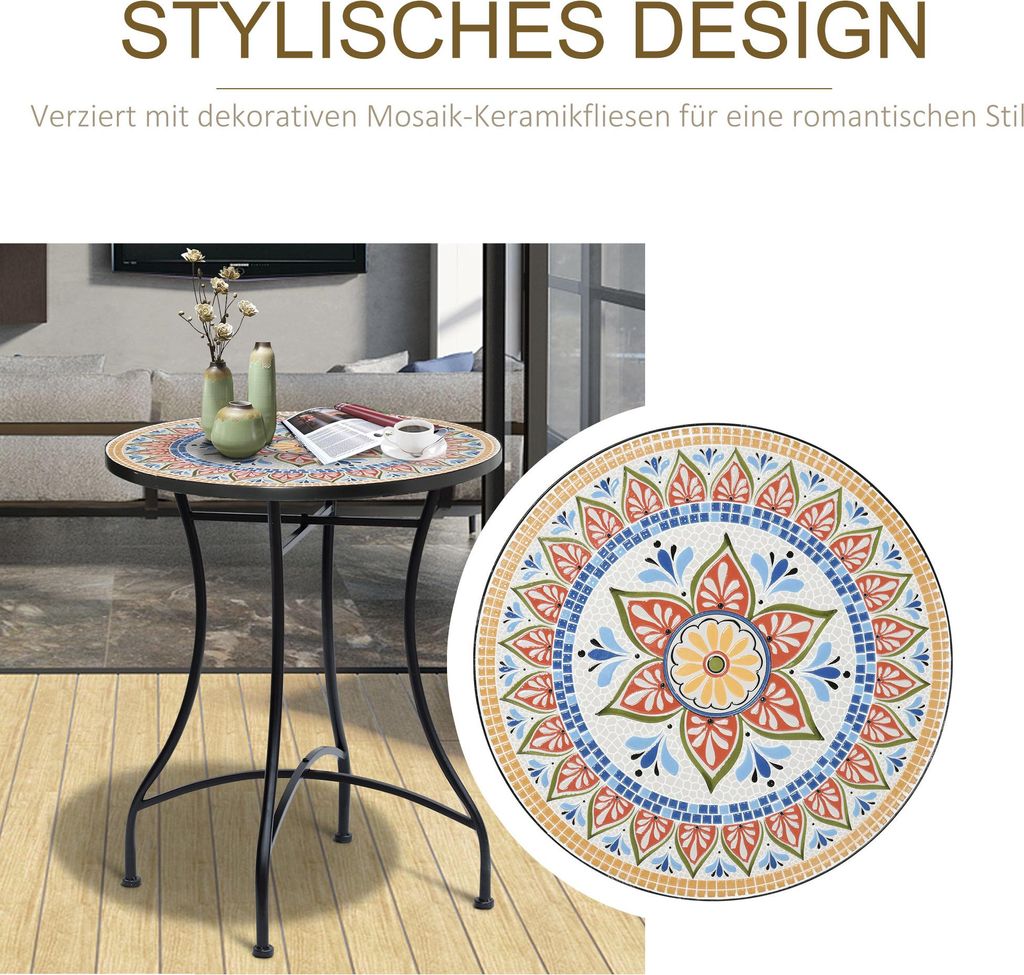 Outsunny Gartentisch Mosaiktisch rund Bistrotisch