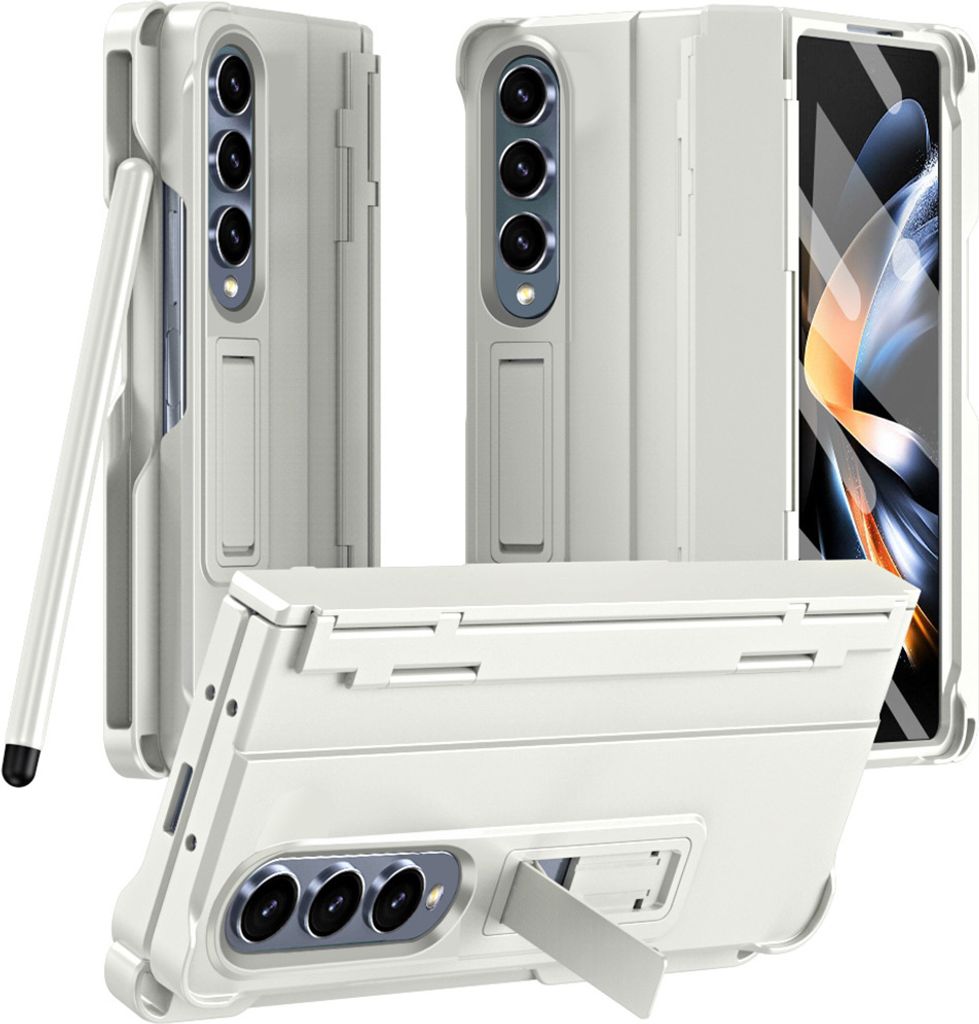 Handyhülle für Samsung Galaxy Z Fold 3 5G mit Pen, Scharnierschutz Hart Robuste Stoßfest Hülle mit Displayschutzfolie Weiß