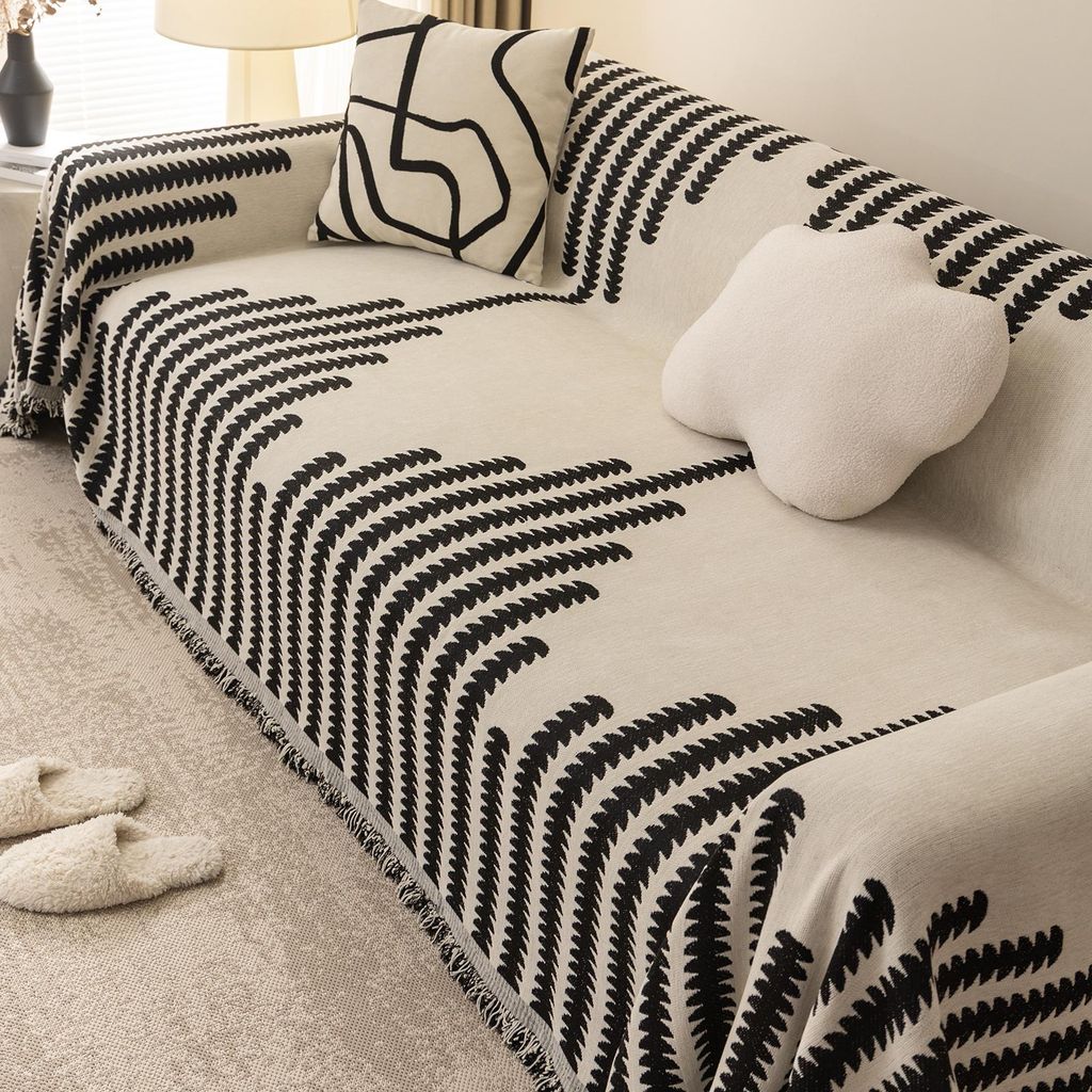 Sofadecke Geometrischer Streifen Kuscheldecke Wohndecke Überwurfdecke Tagesdecke Sofabezug für Sofa Sessel Bett, 180x340cm, Schwarz