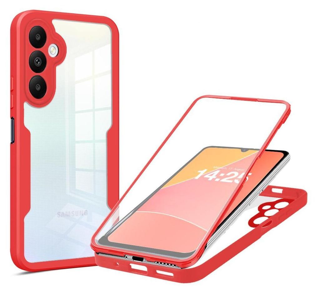 A red and clear phone case is shown, with a phone inside the case. The phone case is displayed from two angles.