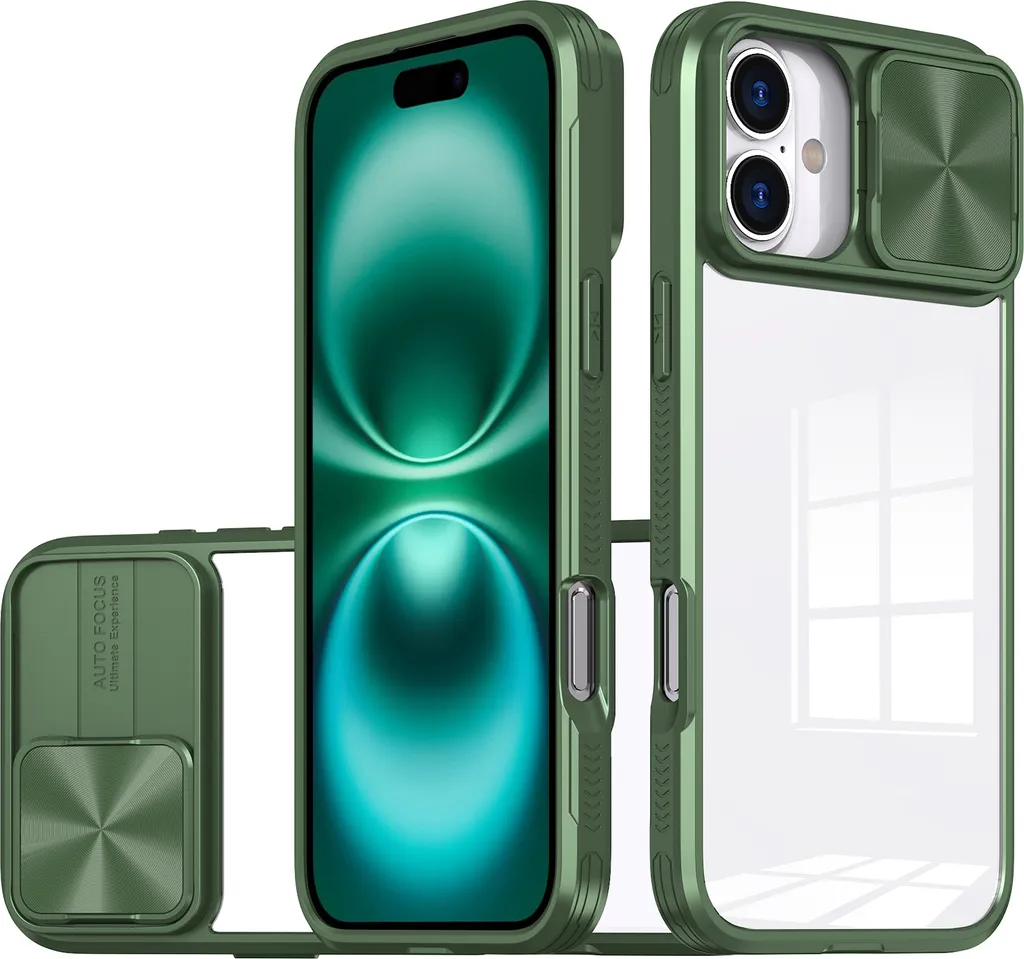 Custodia Elegante Verde per iPhone 16 Plus con Slider Camera