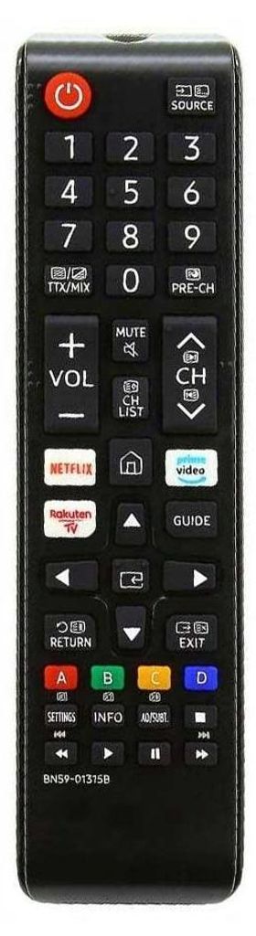 A black remote control with various buttons and labels.