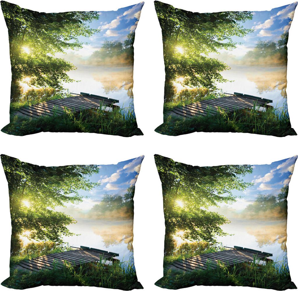 ABAKUHAUS Landschaft Kissenbezug Set (4 Stück), Fischen-Pier am Fluss, Moderner Doppelseitiger Digitaldruck, 60 cm x 60 cm, Grün, Blau, Weiß
