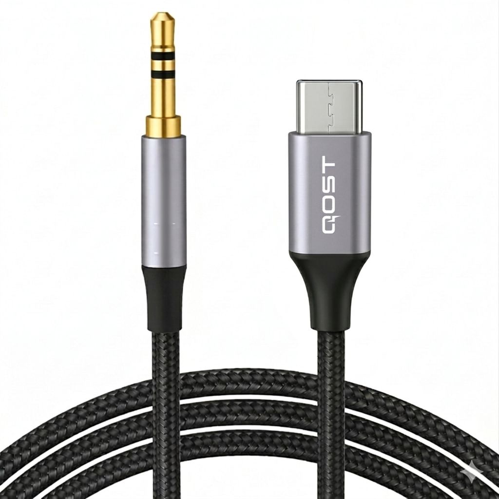 Qost – USB-C auf AUX Kabel – Spacegrau – 1 Meter – Produktbild 