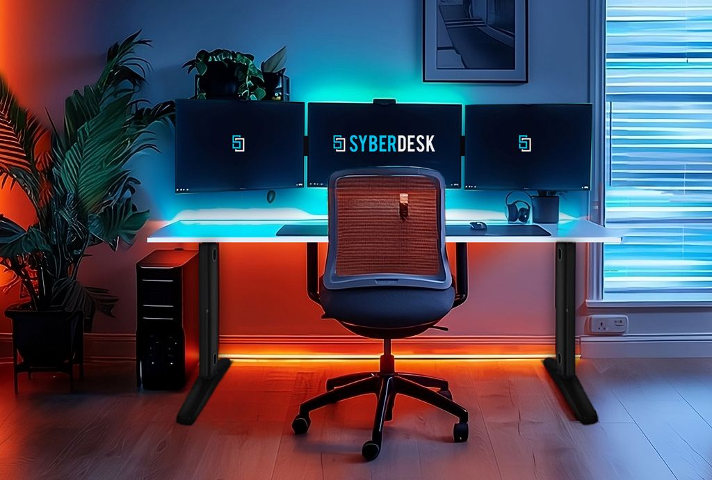 SyberDesk Gaming Tisch ULTRA LED USB 165x68 XXL auf massivem Gestell mit Kabelmanagement-System, Schreibtisch für Gamer, Weiß Gaming Tisch