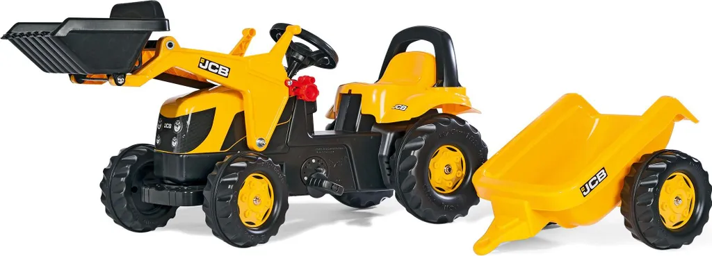 Tracteur RollyKid JCB Junior jaune avec capot ouvrant et remorque incluse