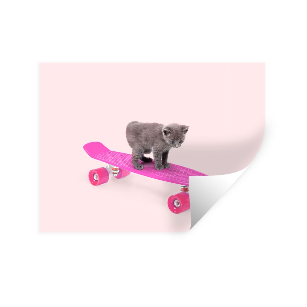 MuchoWow Wandtattoo Wandsticker Wandaufkleber Katze - Kätzchen - Tiere - Skateboard - Rosa 80x60 cm Selbstklebend und Repositionierbar - Faltenfrei