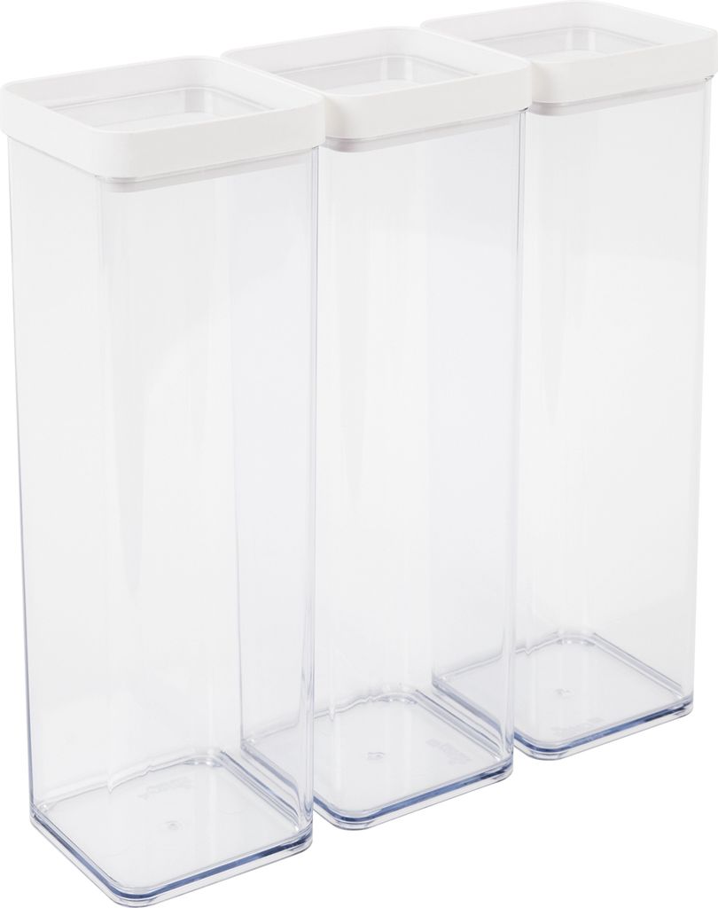 Three clear plastic food storage containers with white lids are arranged diagonally on a white background.
